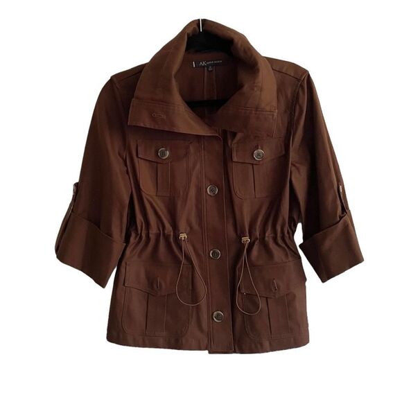ANNE KLEIN Brown Cotton Stretch Button Front Jacket With Wide Sleeves M - Picture 1 of 8